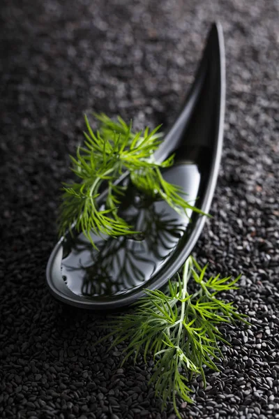 Plant Oil Small Bowl Dill Branches Background Black Sesame — Stock Photo, Image
