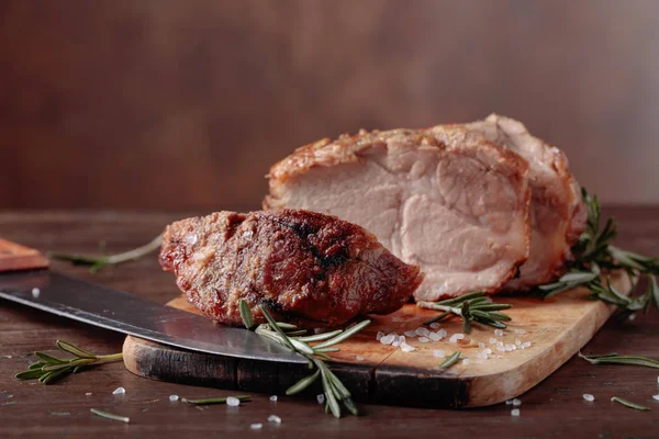 Oven Baked Pork Rosemary Spices Old Wooden Table — Stock Photo, Image