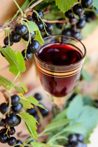 自制的甜酒由黑醋栗和新鲜浆果在树枝上 老式木质背景 — 图库照片