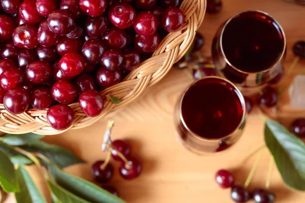 Cherry Wine Liquor Wooden Background Ripe Juicy Cherries Basket Top — Stock Photo, Image