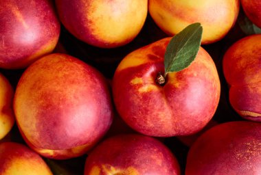 Olgun sulu nektarin yapraklarla, üstten görünüm.