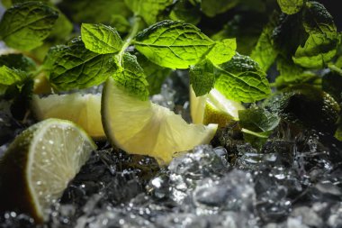 Koyu arkaplanda buz ve nane dilimleri. Seçici odak .