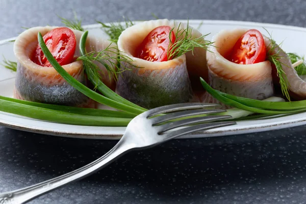 Fillet Herring Oil Rolls Dill Green Onion Cherry Tomatoes — Stock Photo, Image