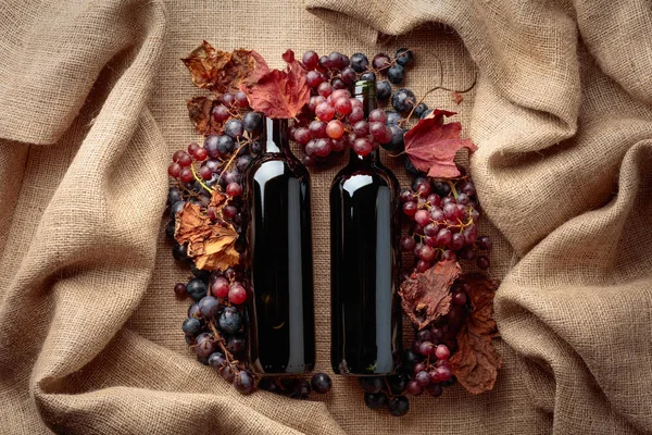 Червоні Пляшки Вина Свіжий Виноград Висушеним Листям Лози Мішковині Вид — стокове фото