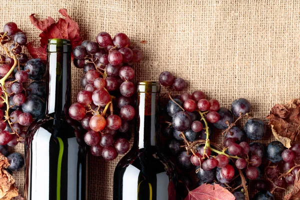 Rotweinflaschen Und Frische Trauben Mit Vertrockneten Weinblättern Auf Klette Draufsicht — Stockfoto