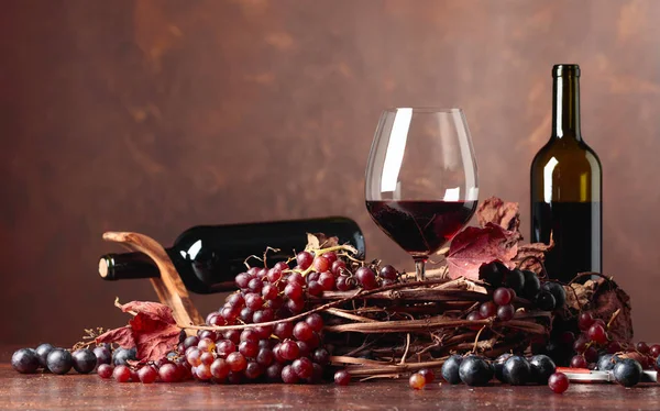 Rotwein Und Frische Trauben Mit Getrockneten Weinblättern Kopieren Sie Platz — Stockfoto