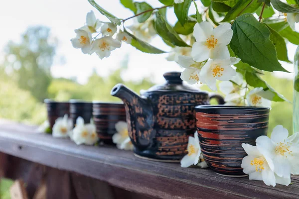 Jasmine Tea Small Ceramic Cups Old Wooden Table Garden Copy — Stock Photo, Image