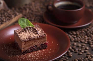 Kahverengi bir plaka üzerinde nane ile çikolatalı kek.