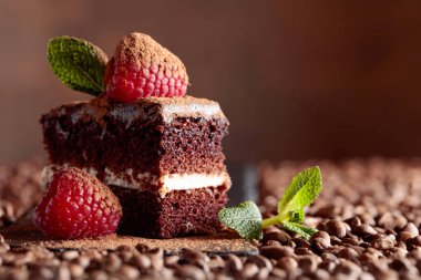 Çikolatalı kek Ahududu ve kahverengi bacground nane closeup. Metniniz için kopya alanı.