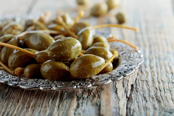 Pickled Caper Berries Metal Dish Edible Fruits Capparis Berries Used — Stock Photo, Image