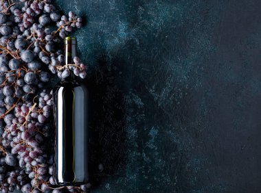 Metniniz için kırmızı şarap ve üzüm, üstten görünüm, kopya alanı şişe.