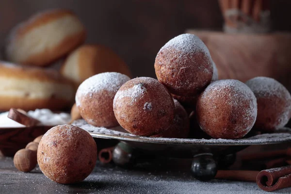 Sweet Donuts Cinnamon Sticks Powdered Sugar Old Wooden Table — Stock Photo, Image