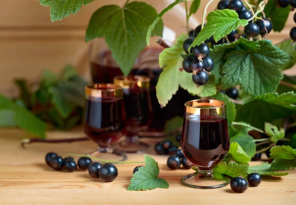 Hausgemachter Schwarzer Johannisbeerlikör Und Frische Beeren Auf Einem Zweig Holzhintergrund — Stockfoto