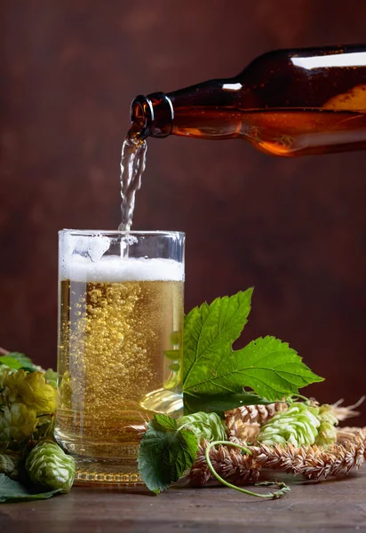 Ein Becher Bier Getreide Und Hopfen Auf Einem Alten Holztisch — Stockfoto