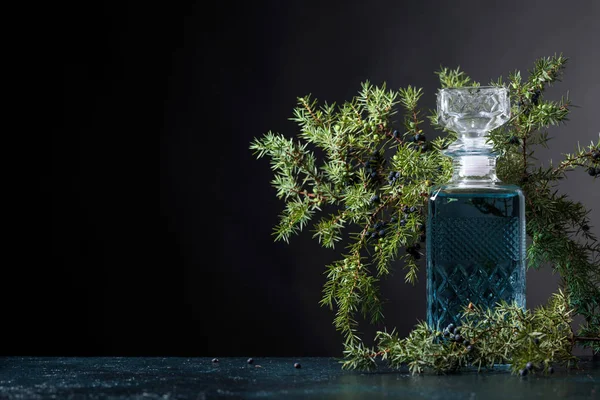 Mavi cin crystal sürahi ve ardıç daldaki meyveleri siyah bir arka plan ile. Metniniz için kopya alanı.