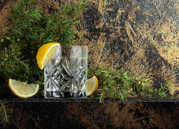 Cocktail Gin Tonic Met Plakjes Citroen Een Takje Van Juniper — Stockfoto