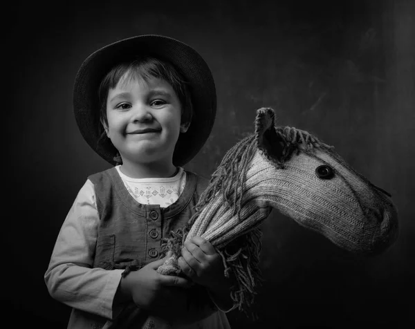 Cute Little Girl Dressed Cowboy Playing Homemade Horse Black White — Stock Photo, Image