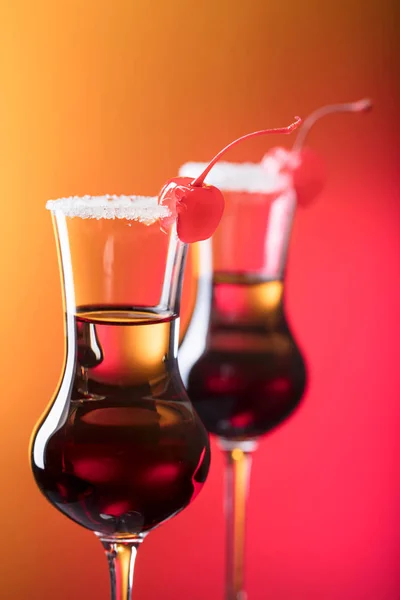Alcohol Layered Shot Cocktail Garnished Cherry Sugar — Stock Photo, Image