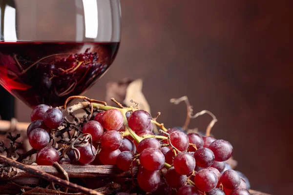 Vin Rouge Raisins Frais Avec Feuilles Vigne Séchées Espace Copie — Photo