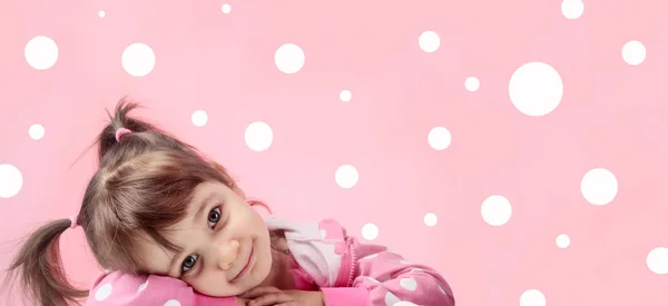 Portrait Cute Little Girl Pigtails Pink Background White Circles Copy — Stock Photo, Image