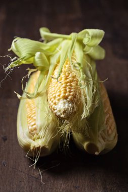 Taze mısır koçanı rustik ahşap tablo üzerinde. Sağlıklı organik gıda.