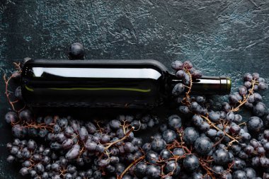 Metniniz için kırmızı şarap ve üzüm, üstten görünüm, kopya alanı şişe.