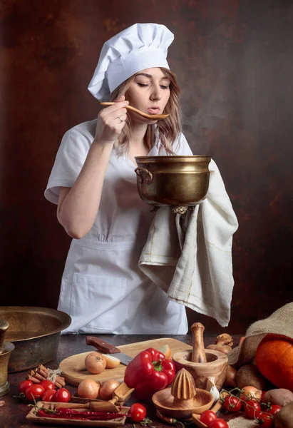 Young Beautiful Girl Chef Uniform Old Brass Pan Wooden Spoon — Stock Photo, Image