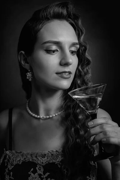 Portrait Beautiful Woman Perfect Long Hair Makeup Girl Glass Martini — Stock Photo, Image