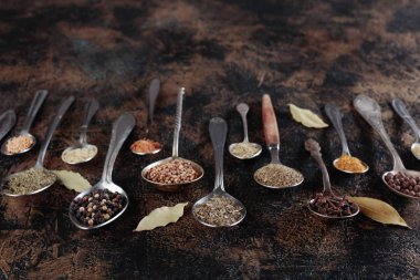 Vintage bir arka plan üzerine kaşık içinde farklı baharatlar. Metniniz için kopya alanı.