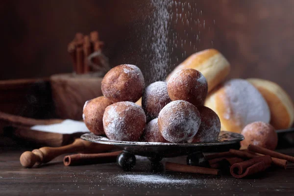 Sweet Donuts Cinnamon Sticks Powdered Sugar Old Wooden Table — Stock Photo, Image