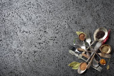 Çeşitli otlar ve baharatlar metal masa üzerinde. Üstten görünüm, kopya alanı.