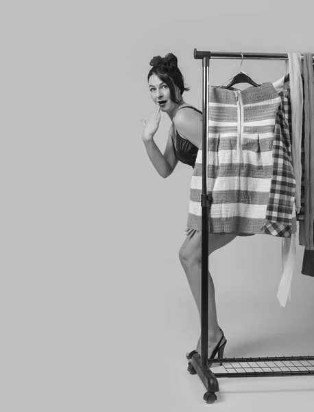 Portrait Beautiful Surprised Woman Black Bikini Standing Hangers Clothes Thinking — Stock Photo, Image