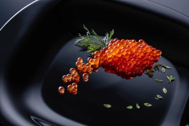 Siyah bir plaka üzerinde dereotu ile kırmızı havyar. 