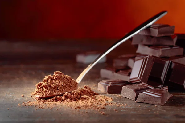 Chocolate Pieces Cocoa Powder Small Spoon Old Wooden Table — Stock Photo, Image