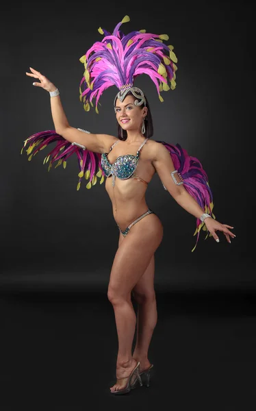 Beautiful Woman Carnival Costume Rhinestones Natural Feathers Professional Make Perfect — Stock Photo, Image