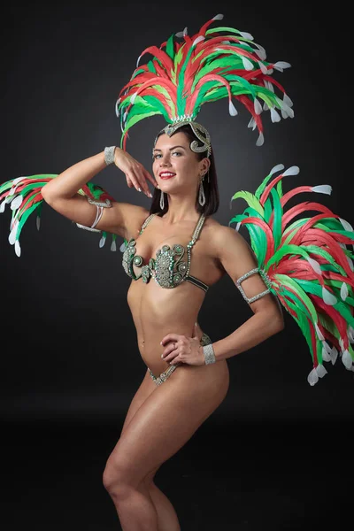 Beautiful Woman Carnival Costume Rhinestones Natural Feathers Professional Make Perfect — Stock Photo, Image