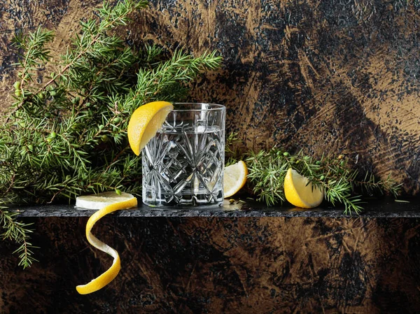 Cocktail Gin Tonique Avec Des Tranches Citron Soupçon Genièvre Copiez — Photo