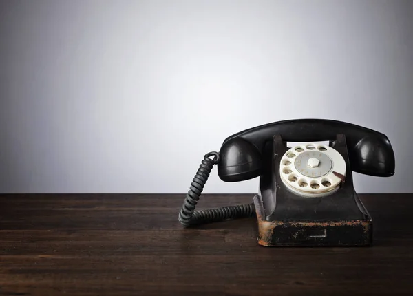 Old Black Phone Wooden Table Copy Space Your Text — Stock Photo, Image