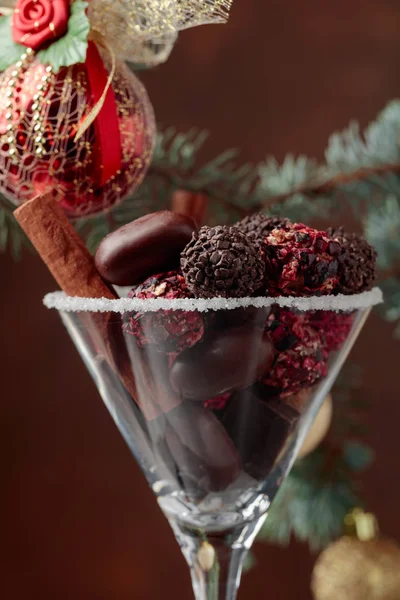 Assortment Fine Chocolate Candies Goblet Christmas Decoration Cinnamon Sticks Chocolate — Stock Photo, Image