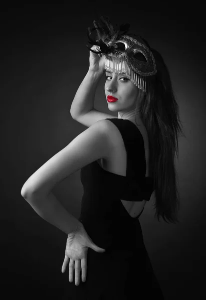 Beautiful Young Woman Black Dress Carnival Mask Black White Fashion — Stock Photo, Image