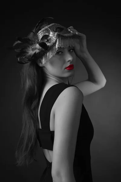 Beautiful Young Woman Black Dress Carnival Mask Black White Fashion — Stock Photo, Image