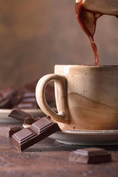 Copo Chocolate Quente Pedaços Chocolate Amargo Copiar Espaço Para Seu — Fotografia de Stock
