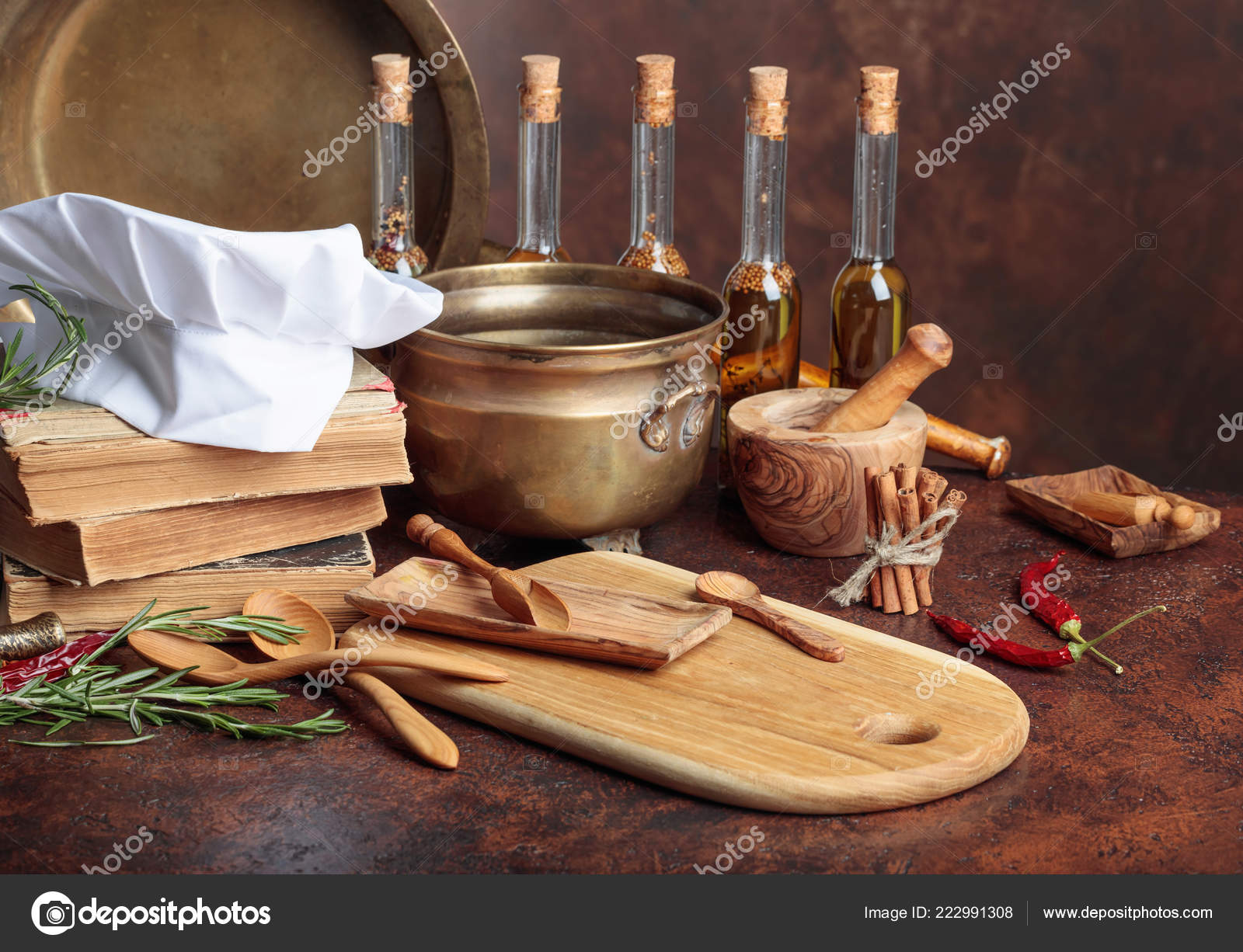 White Chef Hat Old Cookbooks Kitchen Utensils Spices