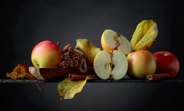 Sulu elma ve tarçın siyah bir arka plan kopya alanı.