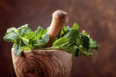 Eski harç içinde taze yeşil organik nane demet.