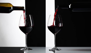 Kırmızı şarap bir gözlük içine dökülür. Yansımalı arka plan, metniniz için kopya alanı.