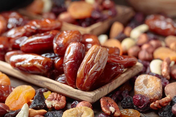 Various Dried Fruits Nuts Old Wooden Table Selective Focus — Stock Photo, Image