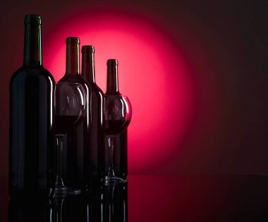 Gözlük ve şişe kırmızı şarap, metniniz için kopya alanı.