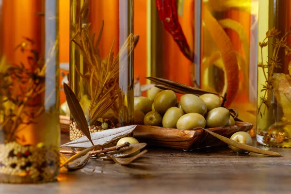 Green Olives Bottles Olive Oil Spices Herbs Selective Focus — Stock Photo, Image