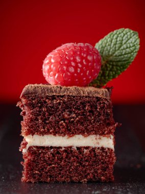 Çikolatalı kek ahududu ve nane kırmızı bir arka plan üzerinde closeup.